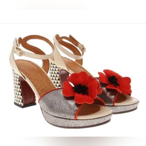 Chie Mihara Kaski Platform Sandal with Orange Floral Applique Size 7.5 (38)